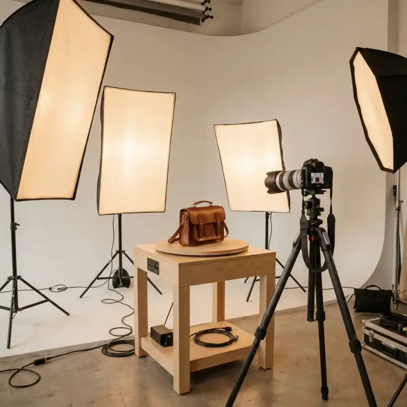 Professional 360-degree product photography turntable setup with camera capturing rotating product in Perth studio