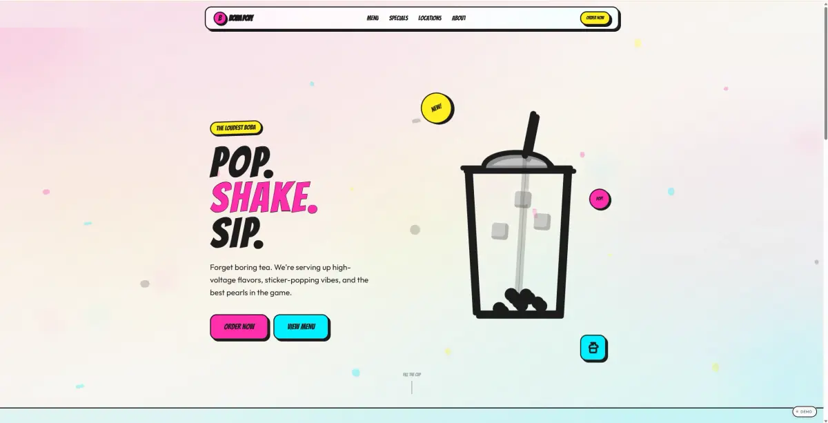 Boba Pop website design concept with playful food branding, bright product visuals, and conversion-led layout.