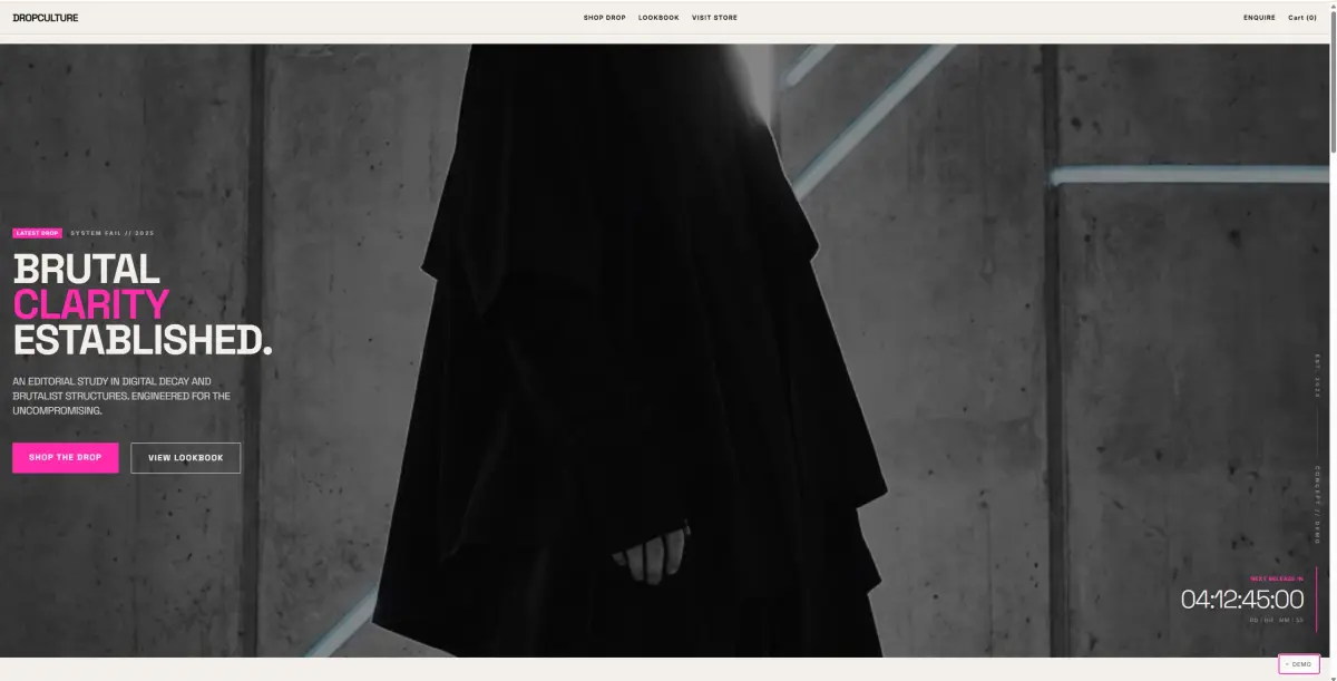 Drop Culture website concept with fashion-led editorial styling, dark contrast, and layered storytelling blocks.