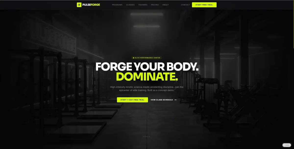 Pulse Forge website concept with bold fitness branding, structured calls to action, and energetic visual hierarchy.