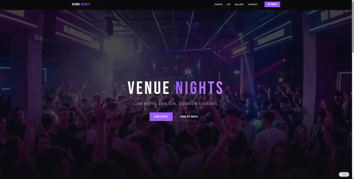 Venue Nights website concept with immersive nightlife visuals, event-first messaging, and dark cinematic styling.