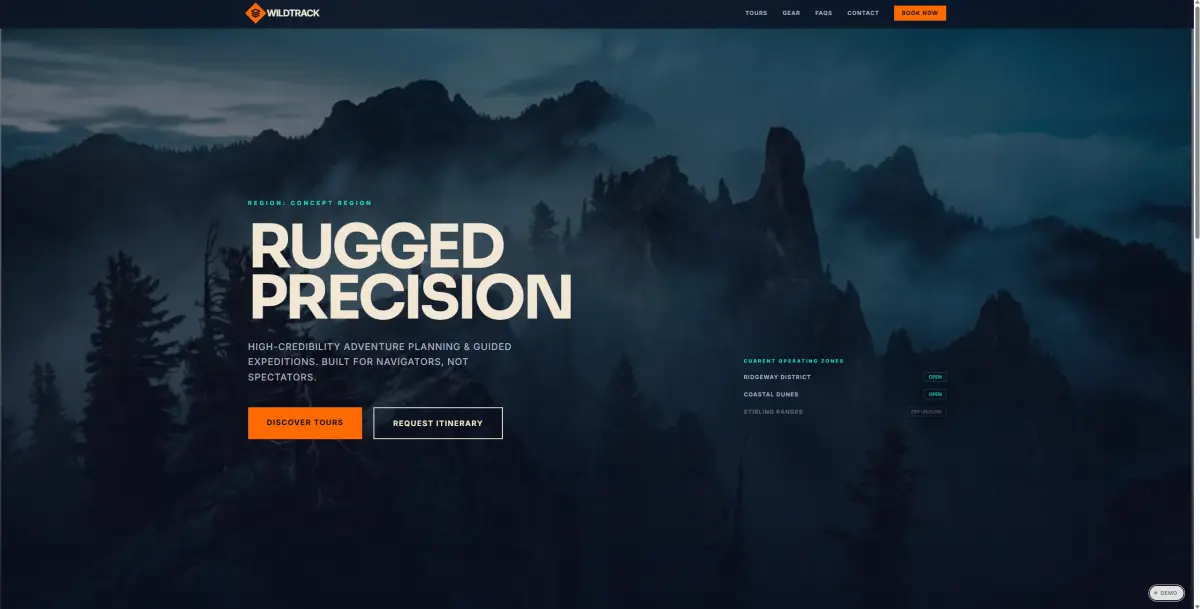 Wild Track website concept with outdoors branding, high-contrast product framing, and adventurous editorial rhythm.