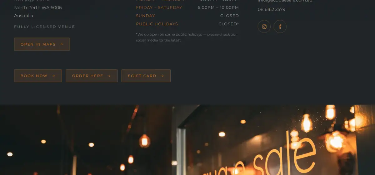 Find Us page on the Acqua e Sale website with opening hours, phone number and Book Now, Order Here and eGift Card buttons above a photograph of the illuminated restaurant sign