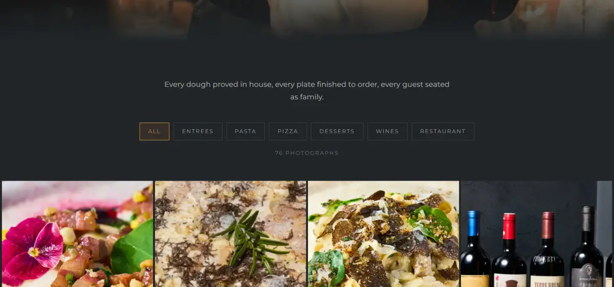 Acqua e Sale website gallery with course filters for entrees, pasta, pizza, desserts, wines and restaurant above a grid of food photographs