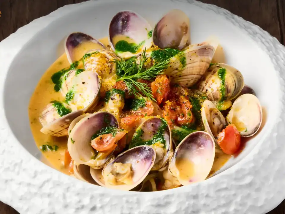 Acqua e Sale restaurant website homepage with a full-width photograph of spaghetti alle vongole in a textured white bowl and the bronze acqua e sale wordmark