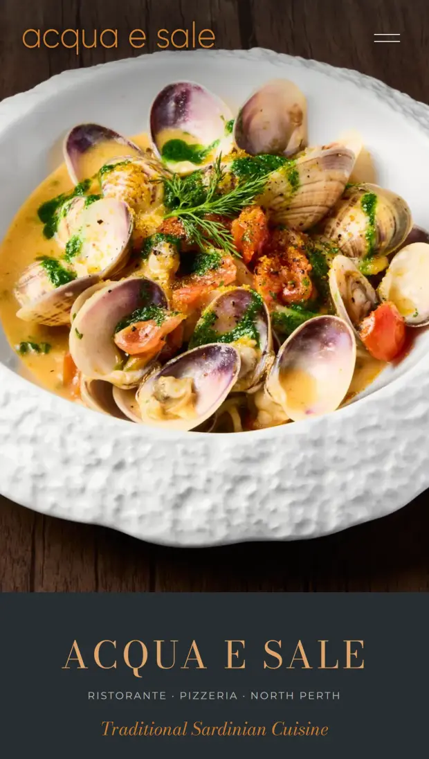 Acqua e Sale restaurant website homepage with a full-width photograph of spaghetti alle vongole, redesigned for an award-winning North Perth Italian restaurant.