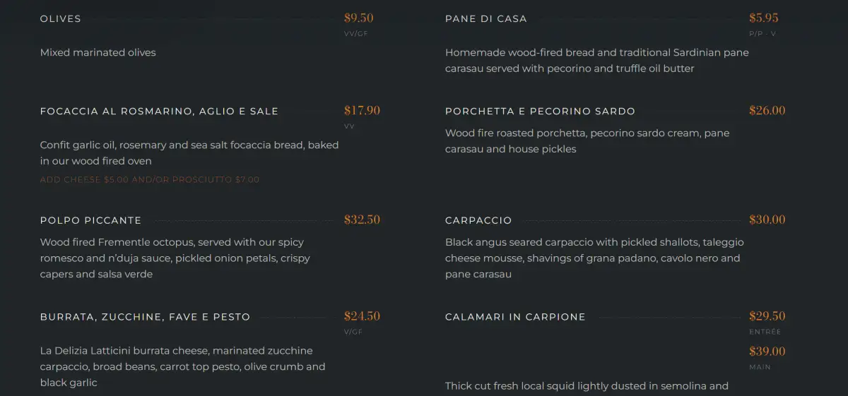 Acqua e Sale menu page listing starters such as focaccia, porchetta, polpo piccante and burrata with prices and dietary labels