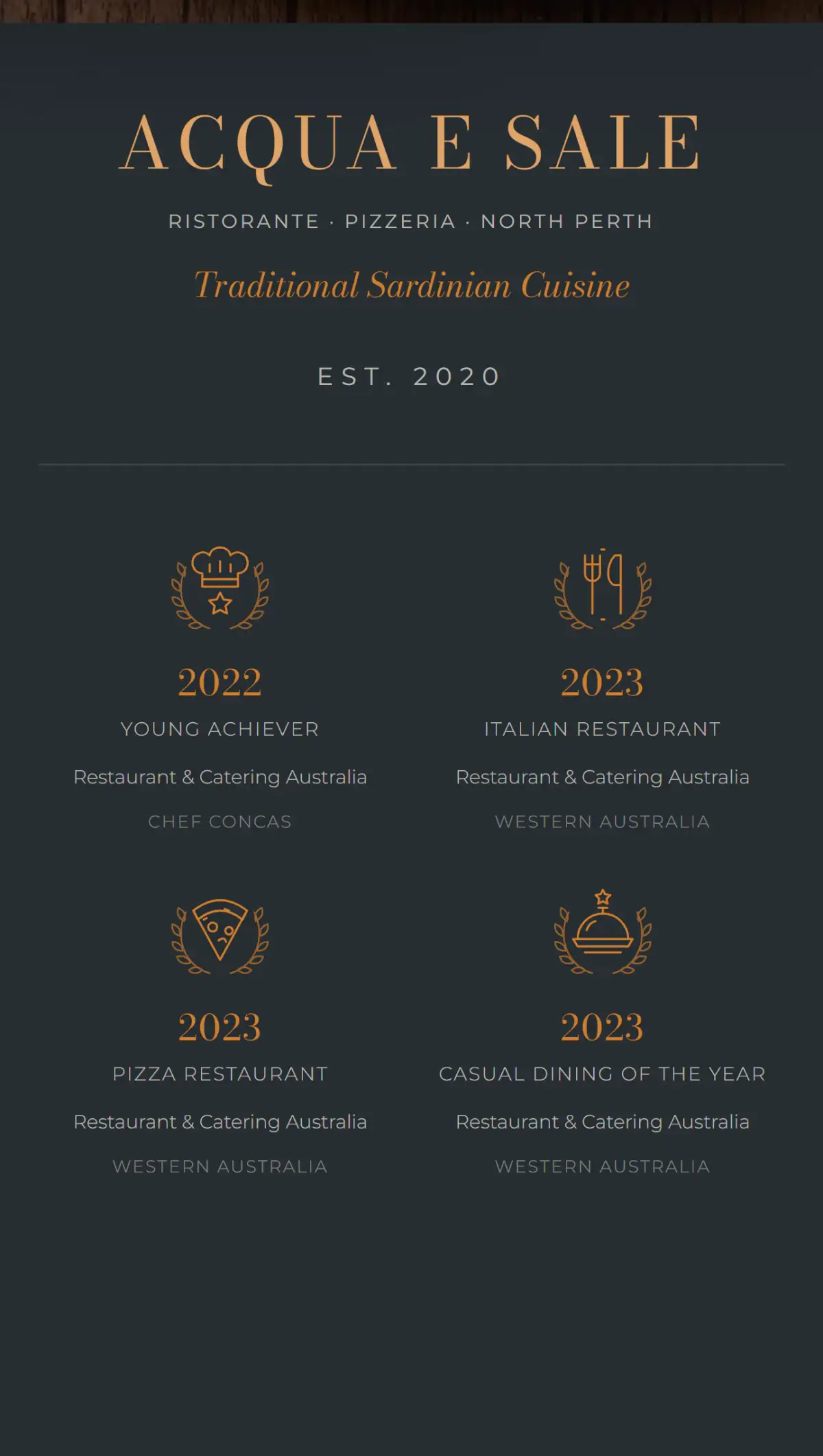 Mobile view of the Acqua e Sale award wall showing Restaurant and Catering Australia awards including 2022 Young Achiever and 2023 Casual Dining of the Year