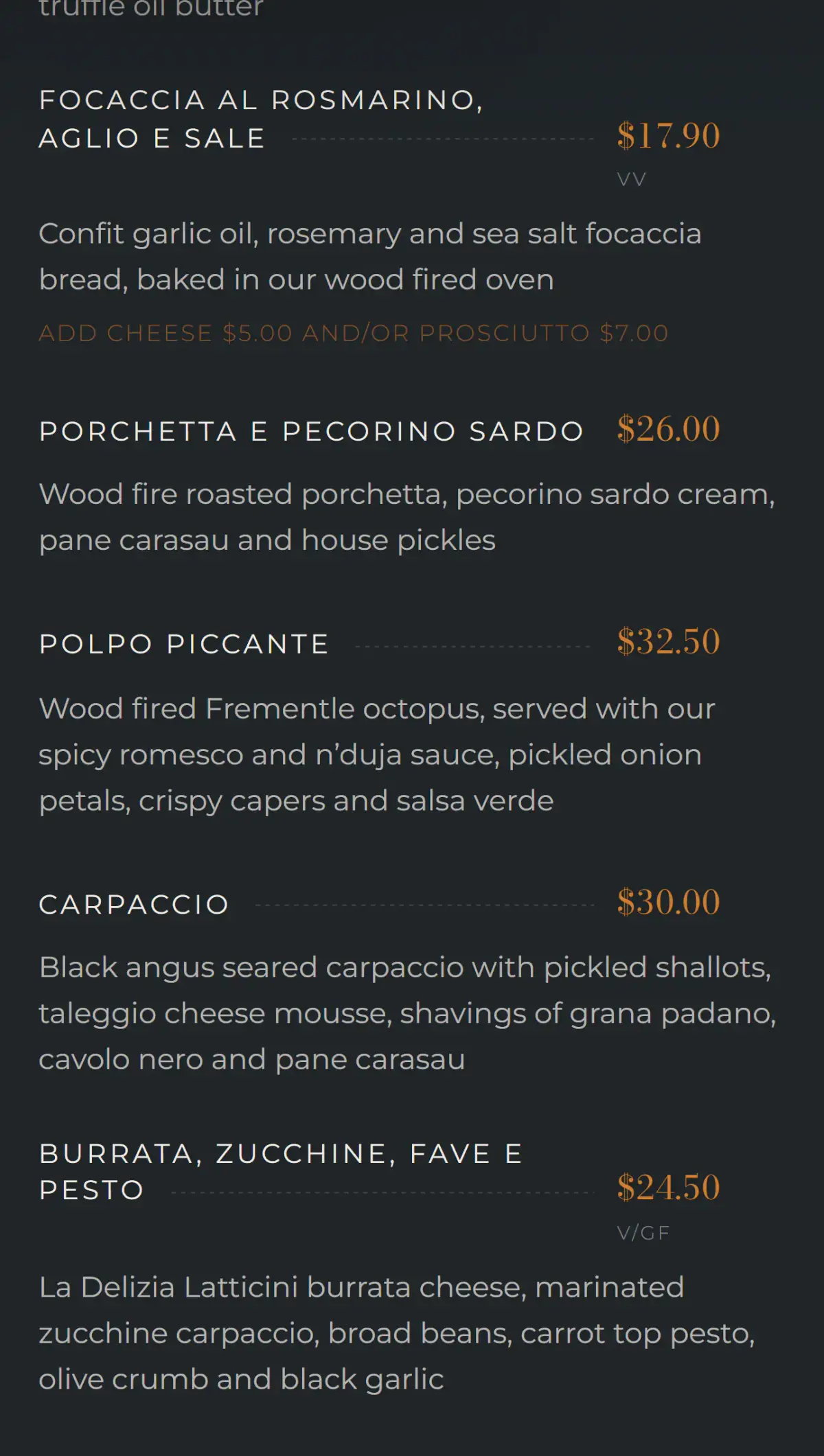 Mobile view of the Acqua e Sale menu showing focaccia, porchetta, polpo piccante, carpaccio and burrata with prices
