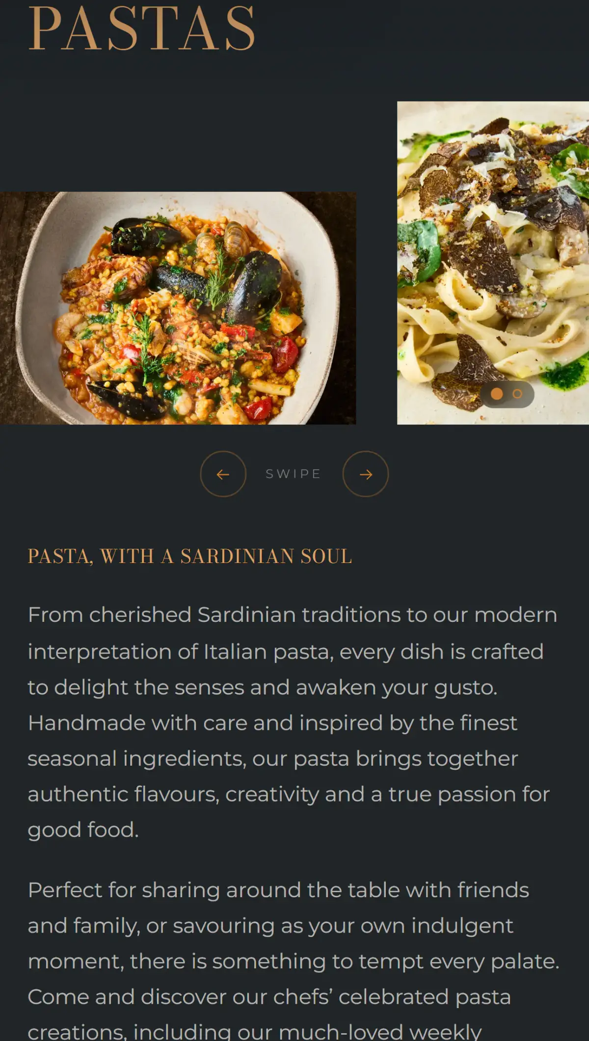 Mobile view of the Acqua e Sale pasta rail with swipeable food photographs and a description of handmade Sardinian pasta