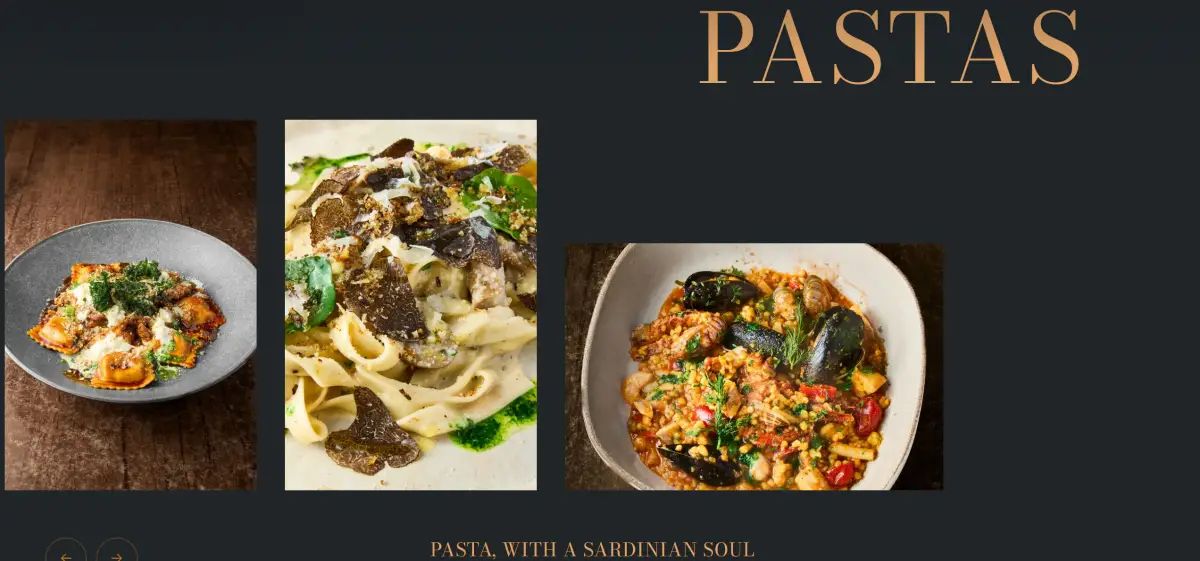 Pastas section of the Acqua e Sale website showing a scrollable rail of ravioli, truffle tagliatelle and seafood fregola photographs under a large Pastas heading