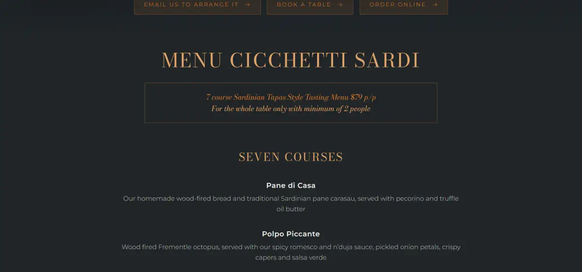 Set Menus page on the Acqua e Sale website showing the seven-course Menu Cicchetti Sardi tasting menu with booking and ordering buttons