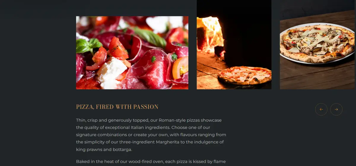 Wood-fired pizza section of the Acqua e Sale website with photographs of a pizza in the oven and a finished pizza beside copy about Roman-style pizzas
