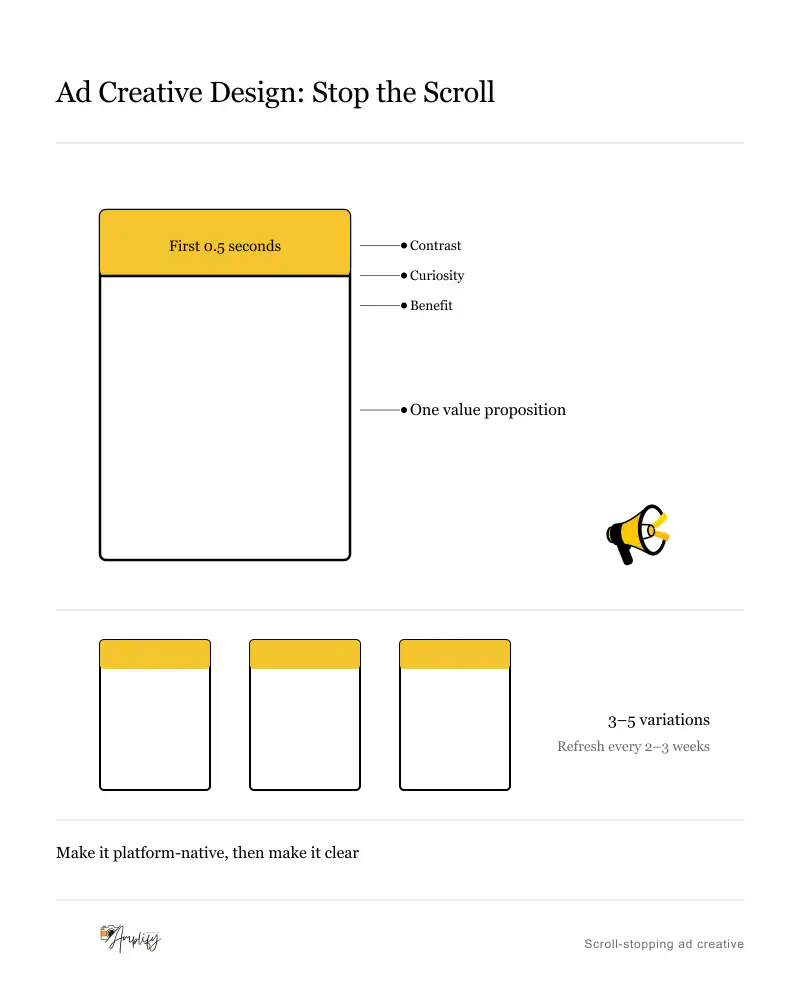 Ad frame with its top band filled yellow to mark the half-second hook zone, annotated with three hook types beside a set of three variations