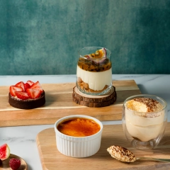 Plated trio of crème brûlée, tart, and mousse, professional pastry photography for Perth bakery website layouts.