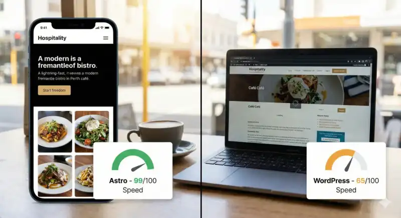 A split-screen comparison photograph on a café table. On the left, a smartphone displays a fast-loading Astro hospitality website with a '99/100 Speed' score. On the right, a laptop shows a slower WordPress café website with a visible loading spinner and a '65/100 Speed' score.