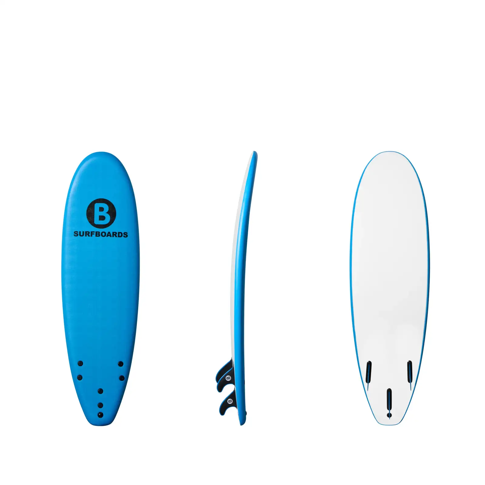 Blue B Softboards 6 foot 2 inch Classic soft surfboard showing the deck, rail, fins, and white bottom on a clean white background