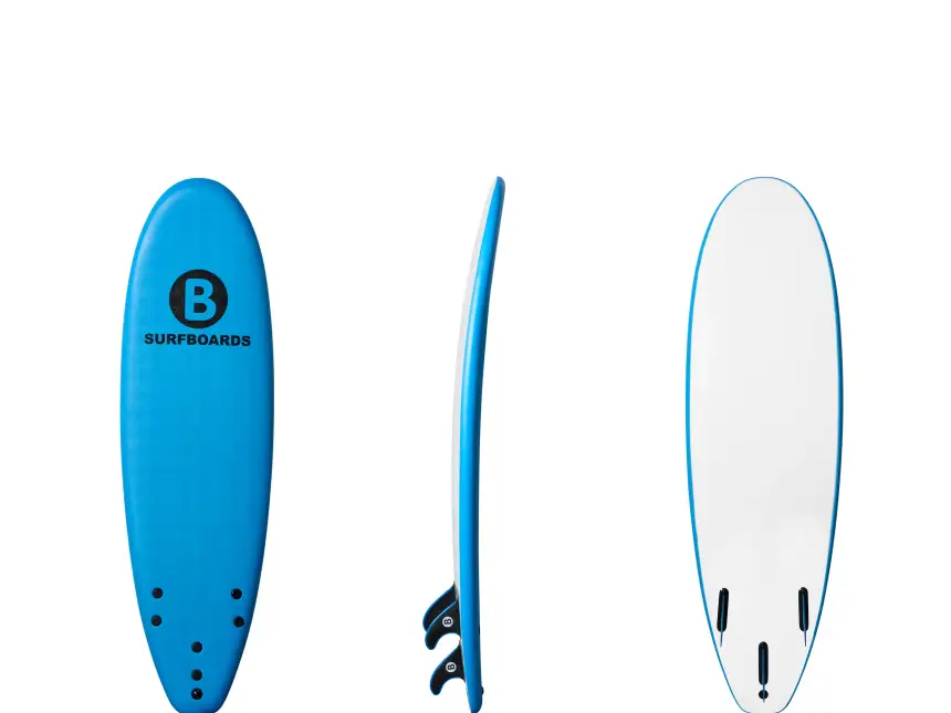 Blue B Softboards 6 foot 2 inch Classic soft surfboard showing the deck, rail, fins, and white bottom on a clean white background