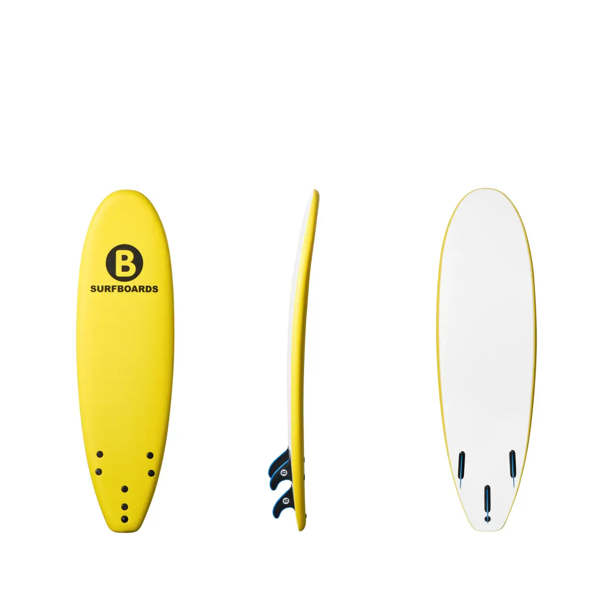 Yellow B Softboards 6 foot 2 inch Classic soft surfboard showing the deck, rail, fins, and white bottom on a clean white background