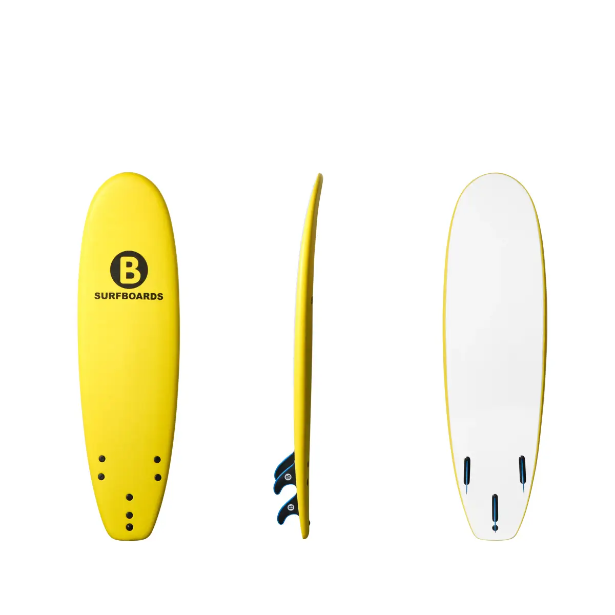 Yellow B Softboards 6 foot 6 inch Classic soft surfboard showing the deck, rail, fins, and white bottom on a clean white background