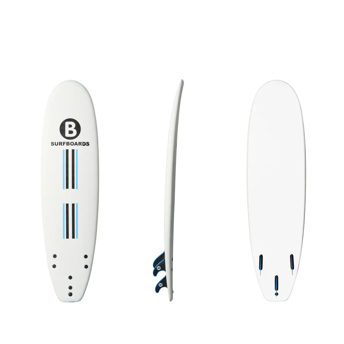 White B Softboards 7 foot Classic soft surfboard showing the deck, rail, fins, and white bottom on a clean white background