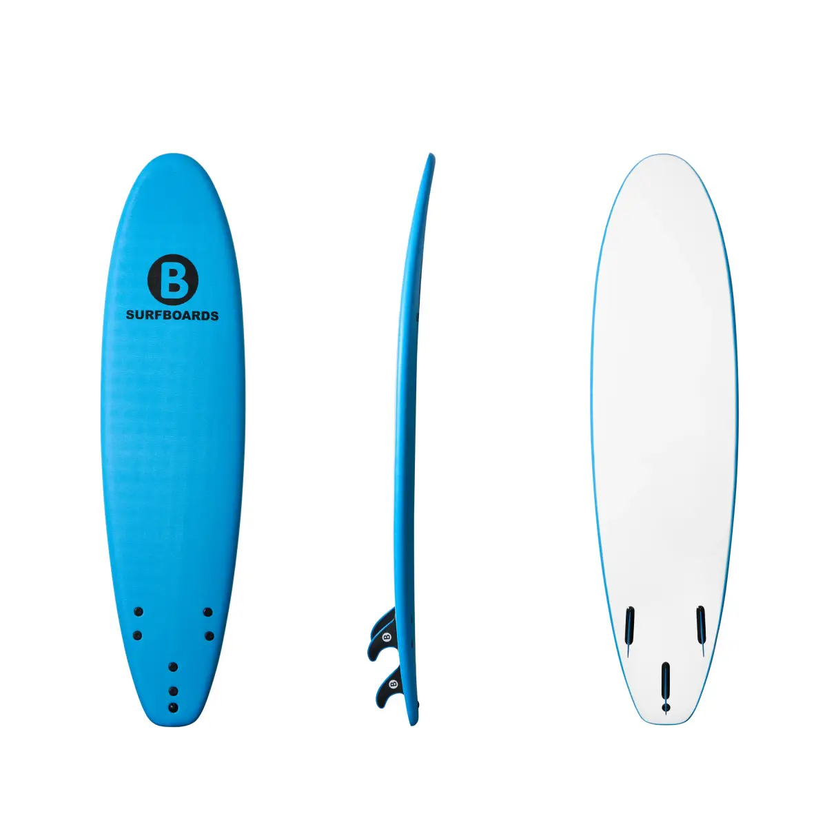 Blue B Softboards 7 foot 6 inch Classic soft surfboard showing the deck, rail, fins, and white bottom on a clean white background