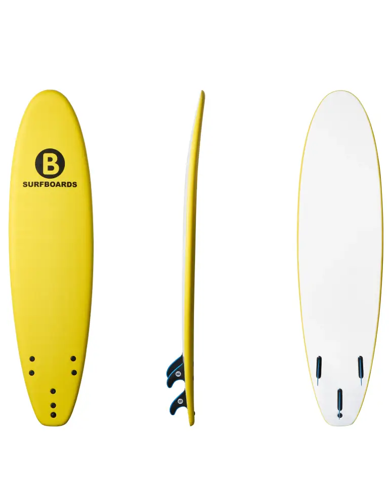 Yellow B Softboards surfboard photographed on white for an Amazon-style product listing.