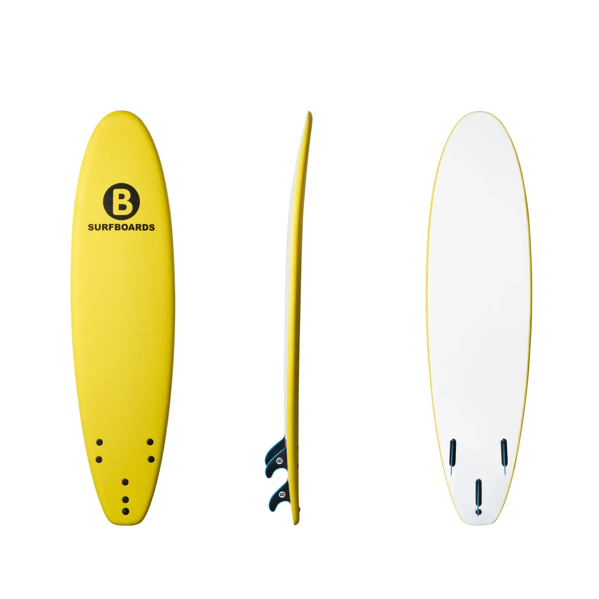 Yellow B Softboards 7 foot 6 inch Classic soft surfboard showing the deck, rail, fins, and white bottom on a clean white background