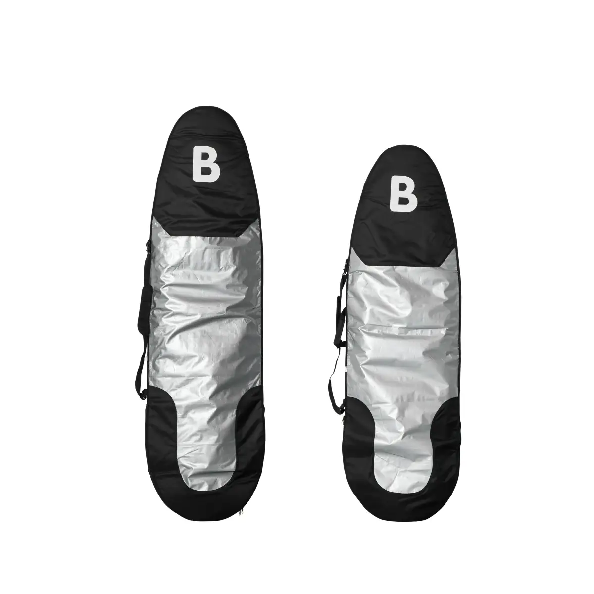 B Softboards black and silver surfboard cover photographed open and closed on a clean white background