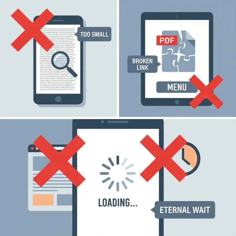 Examples of common Perth restaurant website problems including slow loading, broken mobile layouts, PDF menus, and missing booking buttons.