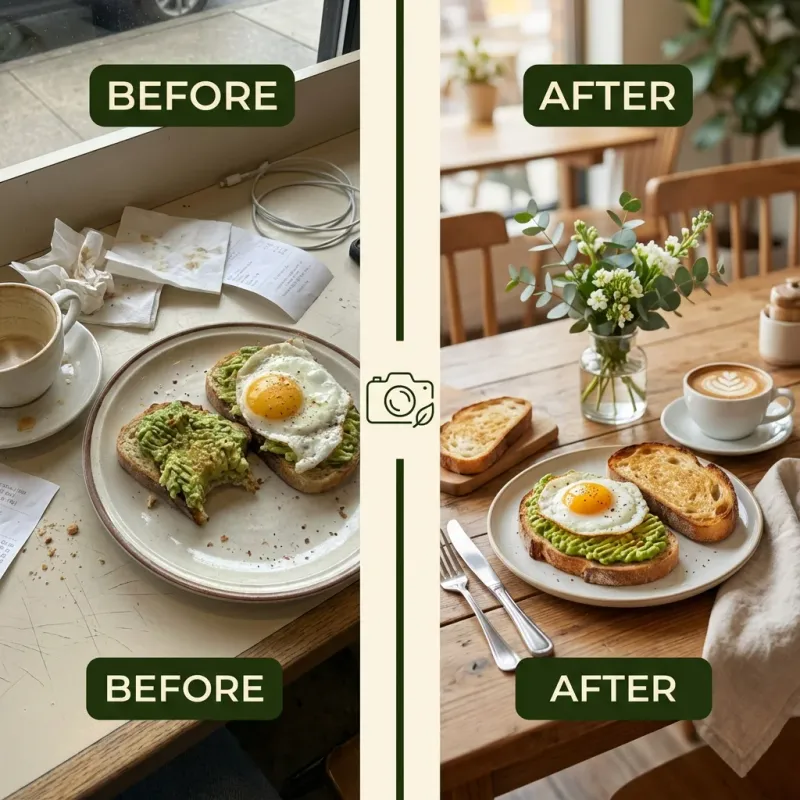 Side‑by‑side comparison of smartphone food photo vs professional food photography for a Fremantle café dish.