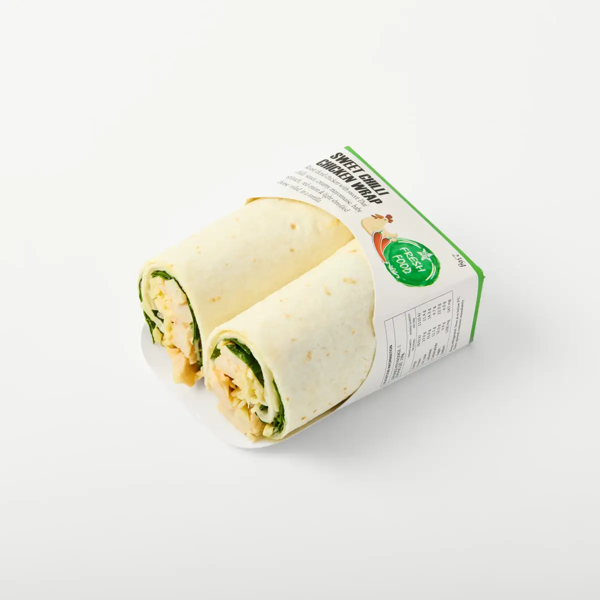 Sweet chilli chicken wrap in branded packaging photographed against a white background