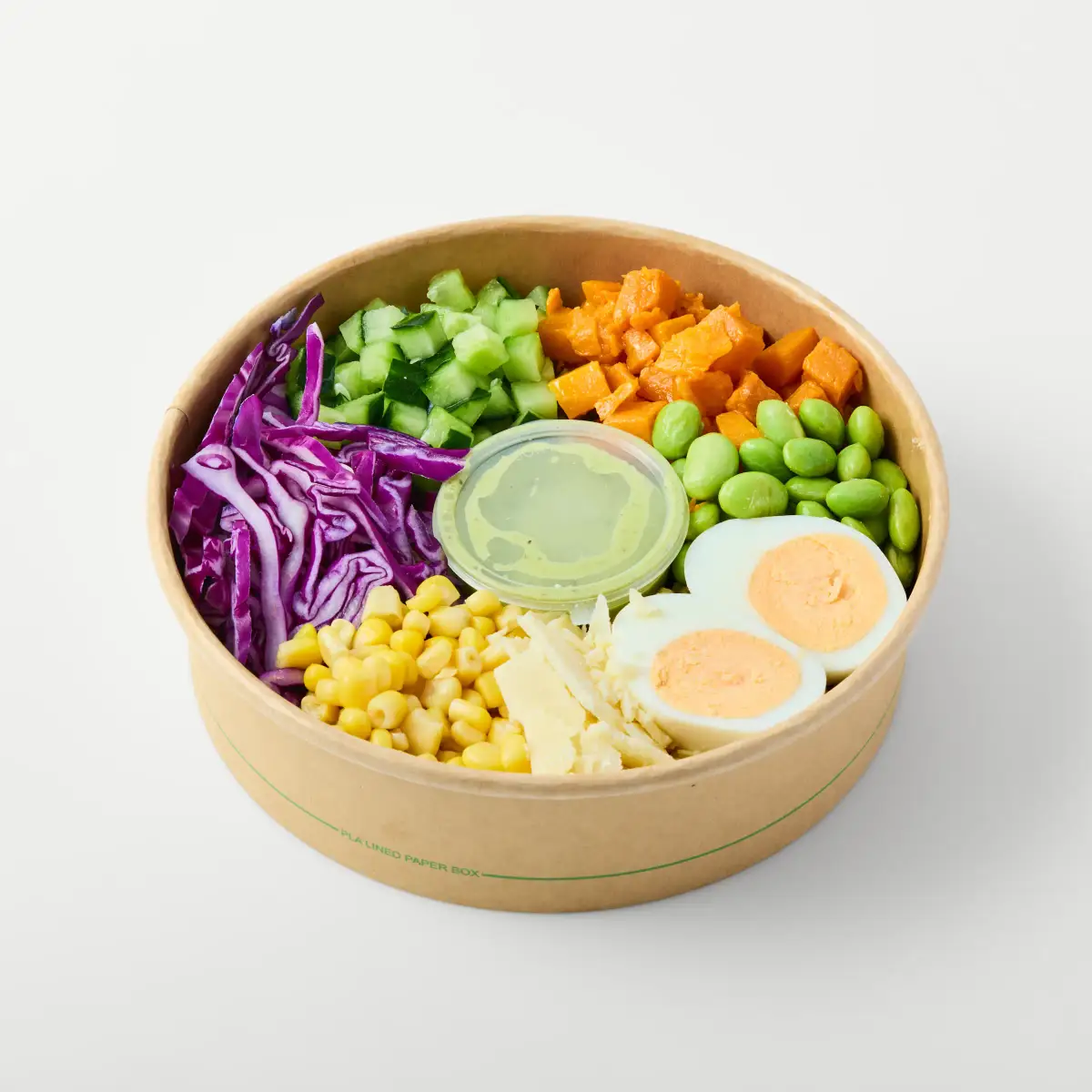 Prepared salad bowl with vegetables, egg and dressing photographed from above on a white background