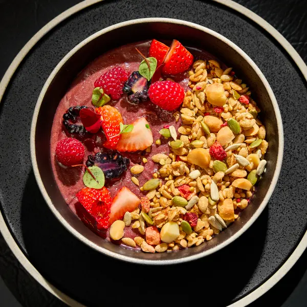 Berry granola breakfast bowl photographed for a Perth food brand.