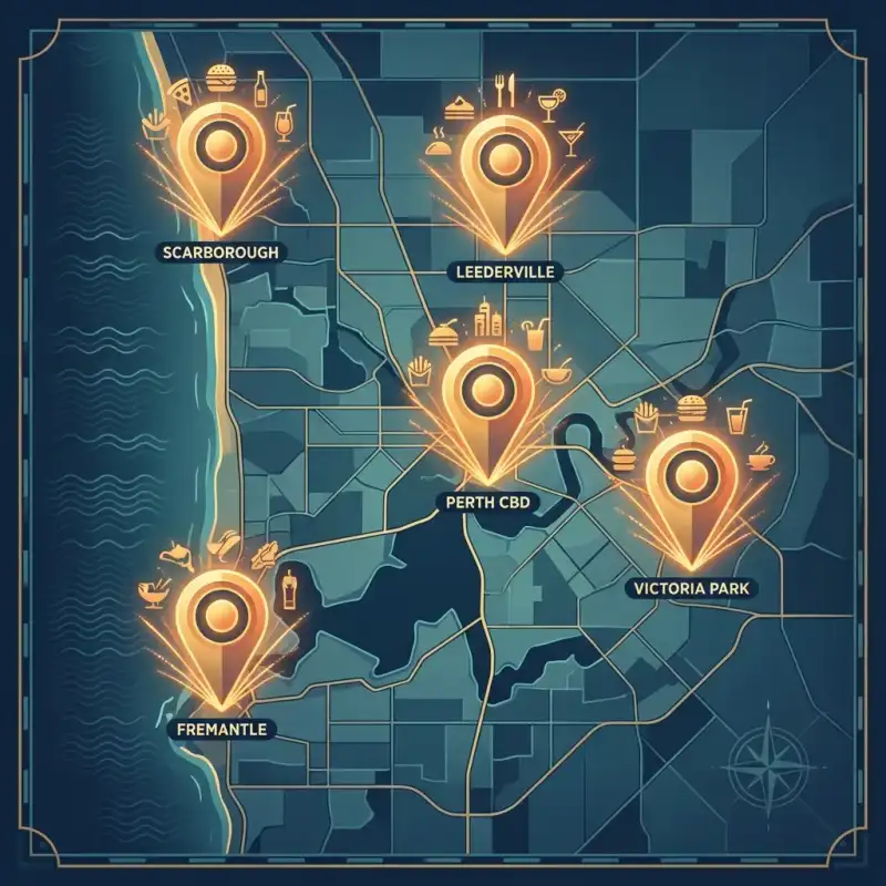 Map-style view of Perth hospitality precincts with markers for coastal, nightlife, corporate, and premium dining areas