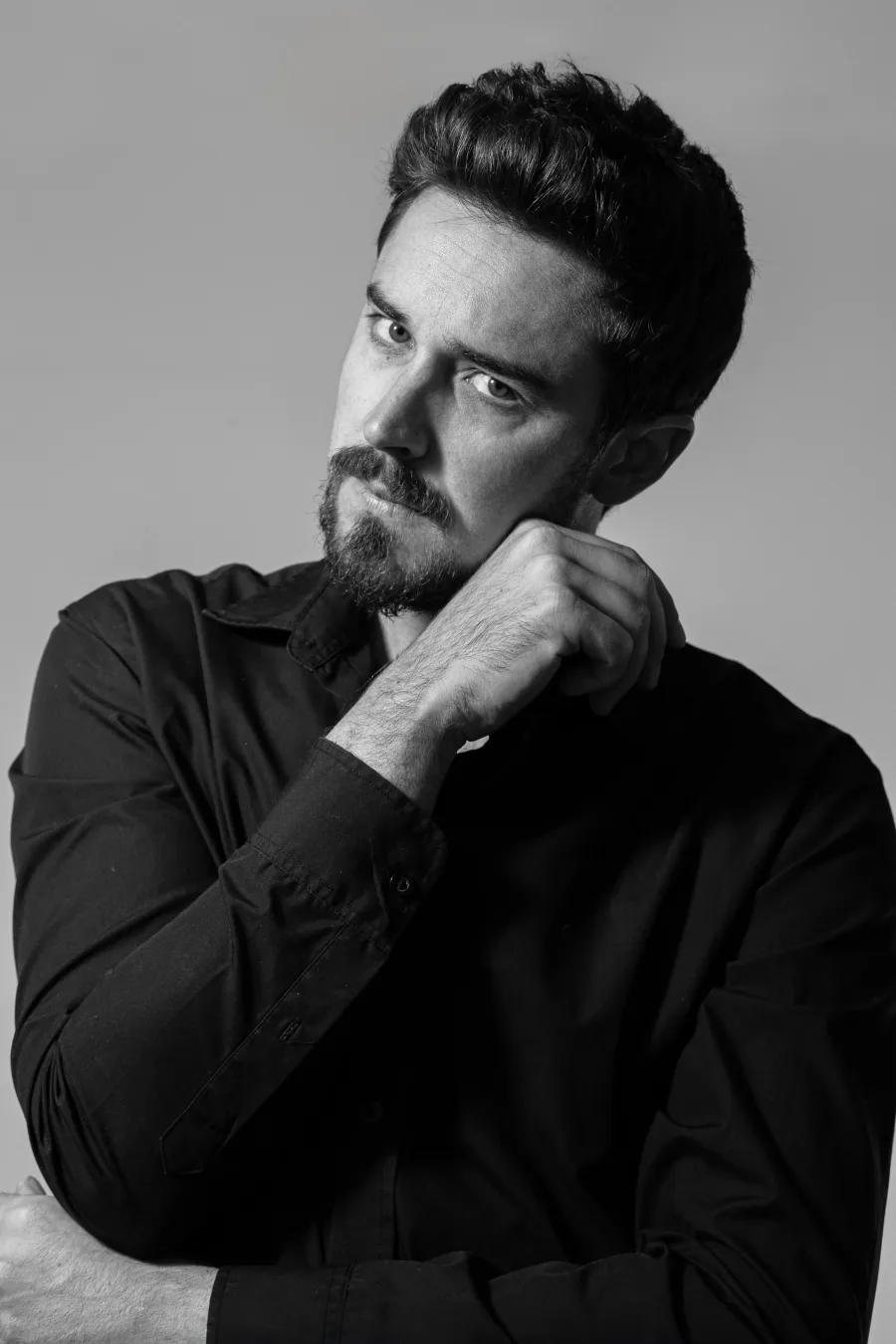 Black-and-white portrait created during a calmly directed Perth session.