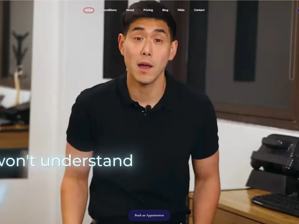 Body Therapy Chiropractic website homepage showing the new full-width video hero with a Book an Appointment button and an English and Chinese language switcher