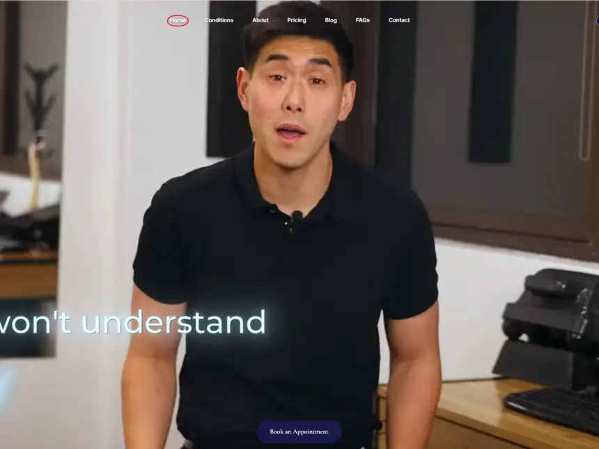 Body Therapy Chiropractic website homepage showing the new full-width video hero with a Book an Appointment button and an English and Chinese language switcher