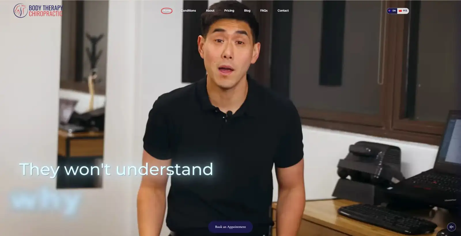 Body Therapy Chiropractic website homepage showing the new full-width video hero with a Book an Appointment button and an English and Chinese language switcher