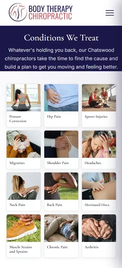Mobile view of the Conditions We Treat page on the Body Therapy Chiropractic website showing a three-column grid of condition cards with photography