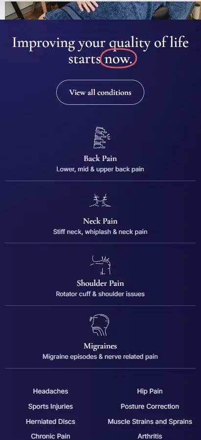 Mobile view of the Body Therapy Chiropractic website showing a condition menu with back pain, neck pain, shoulder pain and migraines listed as tappable links
