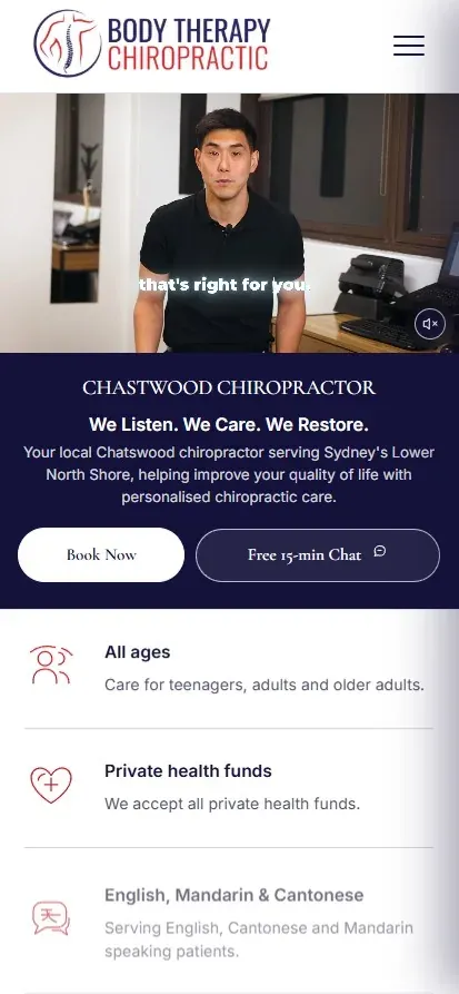 Mobile view of the Body Therapy Chiropractic homepage hero