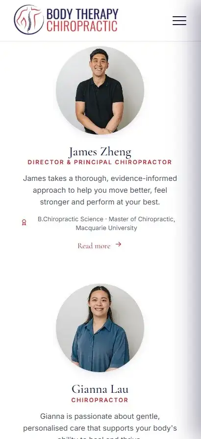 Mobile view of practitioner profiles on the Body Therapy Chiropractic website showing chiropractors James Zheng and Gianna Lau with their qualifications and read more links