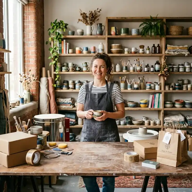 Perth brand photography session capturing a small business owner in their workspace with styled products and natural light