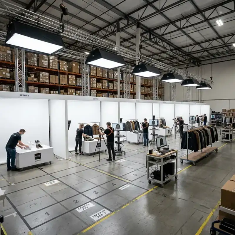 Structured catalogue photography setup capturing multiple products in a consistent high-volume workflow