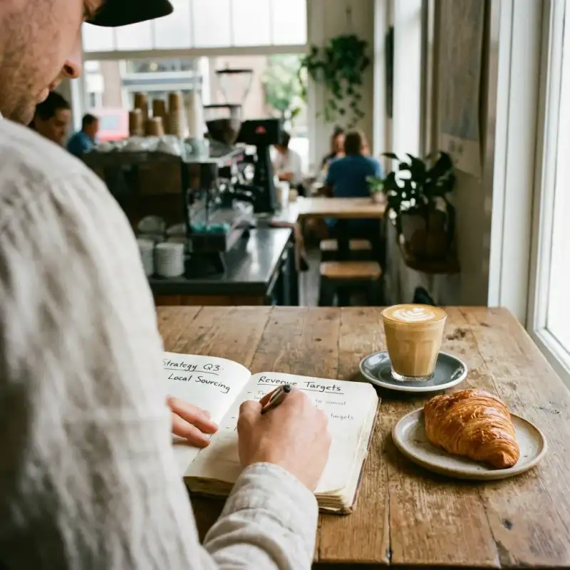Cafe owner taking notes while observing detailed coffee and pastry setup on a wooden table