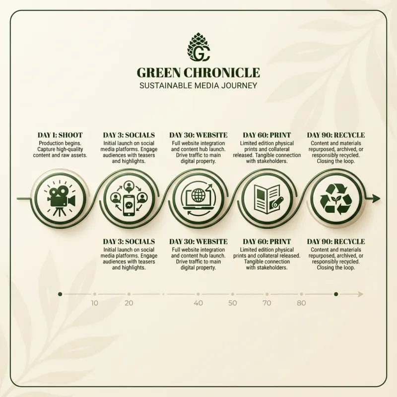 Visual timeline infographic showing how Perth venue event photography can be strategically repurposed over 90 days across social media, email, website, and print channels.