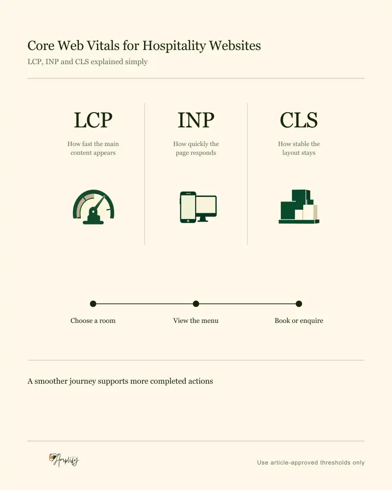 LCP, INP and CLS set as three large initials with plain-English meanings, above a shared three-stop hospitality booking journey
