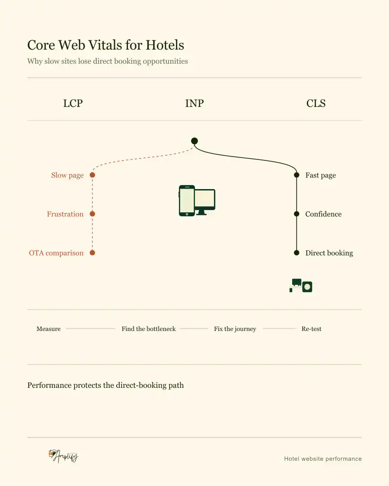 One hotel website visitor splitting into two paths: a dashed slow path ending at OTA comparison and a solid fast path ending at direct booking