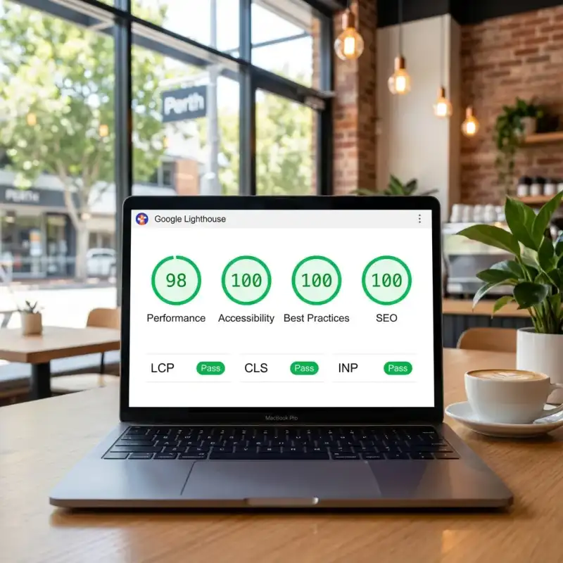 Laptop screen showing a Google Lighthouse report with all green 100 scores for Performance, Accessibility, Best Practices, and SEO in a cafe setting.